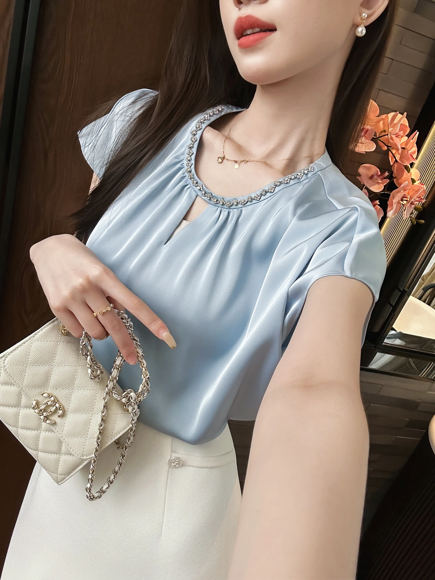 

You See round Ne Silk irt Ele Boring Resistant Summer Faionable Work Commute ort Sve Женский топ