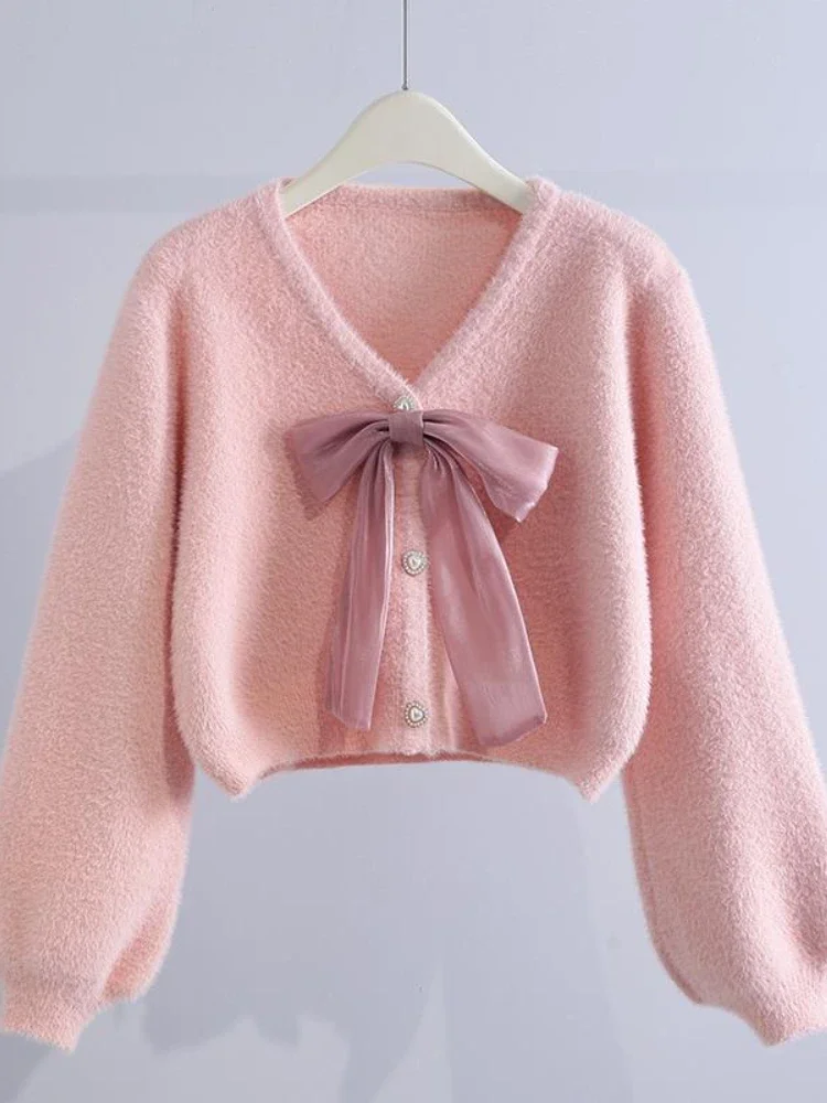 Women\'s Sweaters Sweater Jacket for Women\'s Autumn Winter 2024 New In Loose Bowknot Knitted Korean Fashion Sweet Pink Cardigan