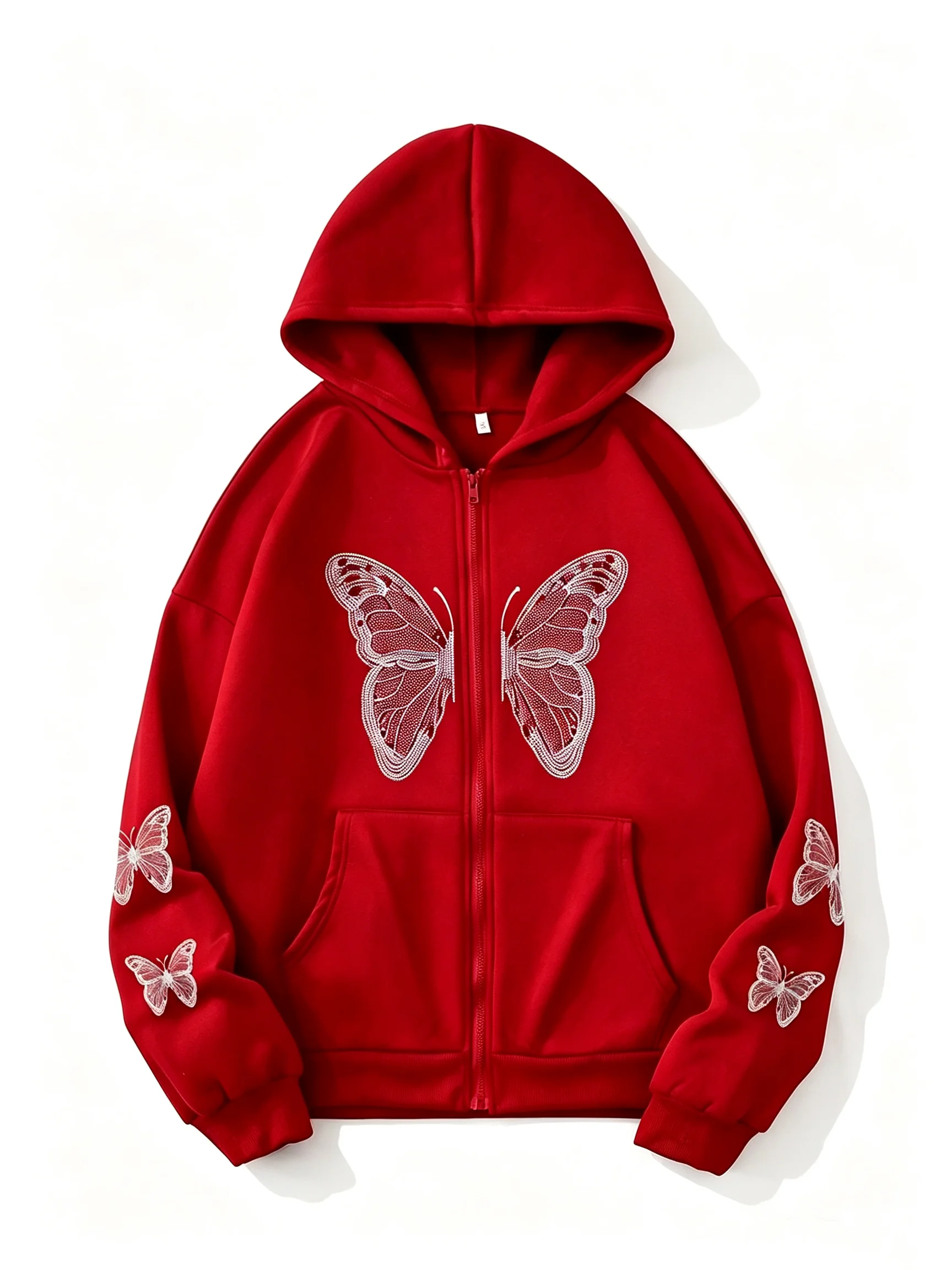 Xuanshow Herbst Winter Frauen Reiß verschluss Hoodie Sweatshirt Schmetterling lose Reiß verschluss Vorder tasche lässig Streetwear Kapuze Jacke Mantel – Detail 3