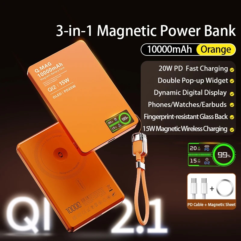 Magnetische draadloze powerbank Qi 2.1 USB-C snel opladen externe batterij voor iPhone 12-17 Pro Airpods Apple Watch Xiaomi 10000mAh