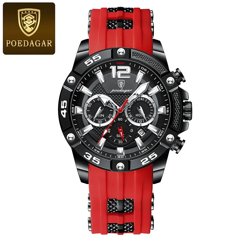 POEDAGAR Silicone Strap Sport Men\'s Watch Luxury Stopwatch Waterproof Military Wristwatches For Men Brand Luminous Clock Newest