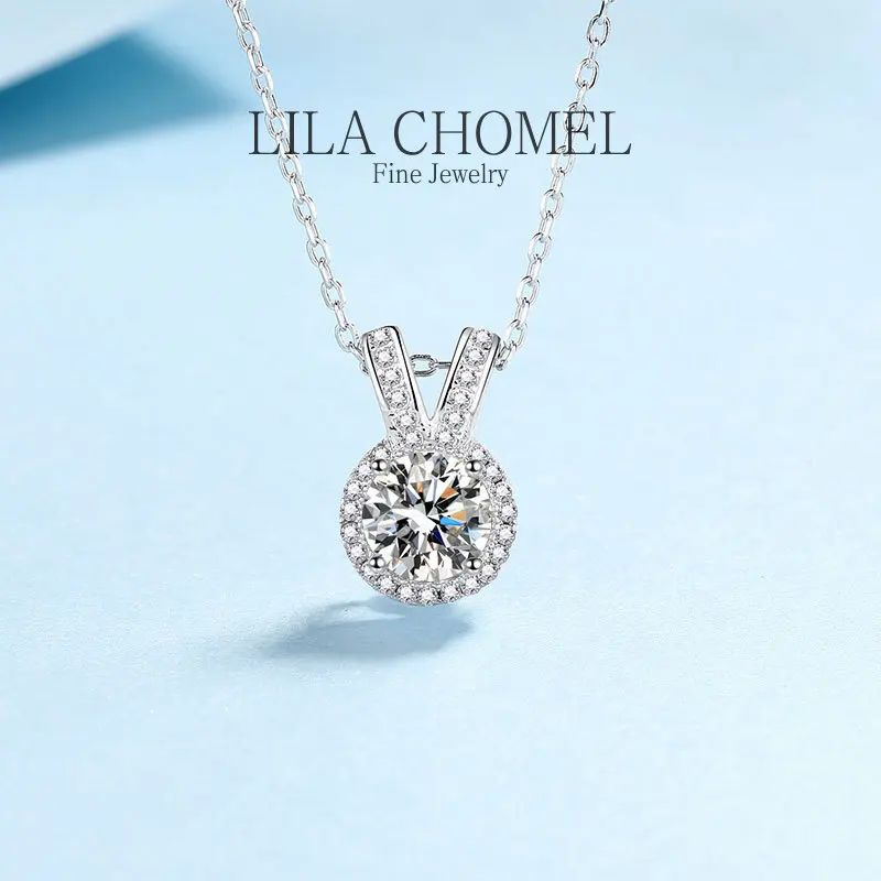 

Original PT950 Platinum Chain Pendants V shaped Wedding jewelry Real 1 CT Luxury Round Moissanite Diamond Necklaces for Women