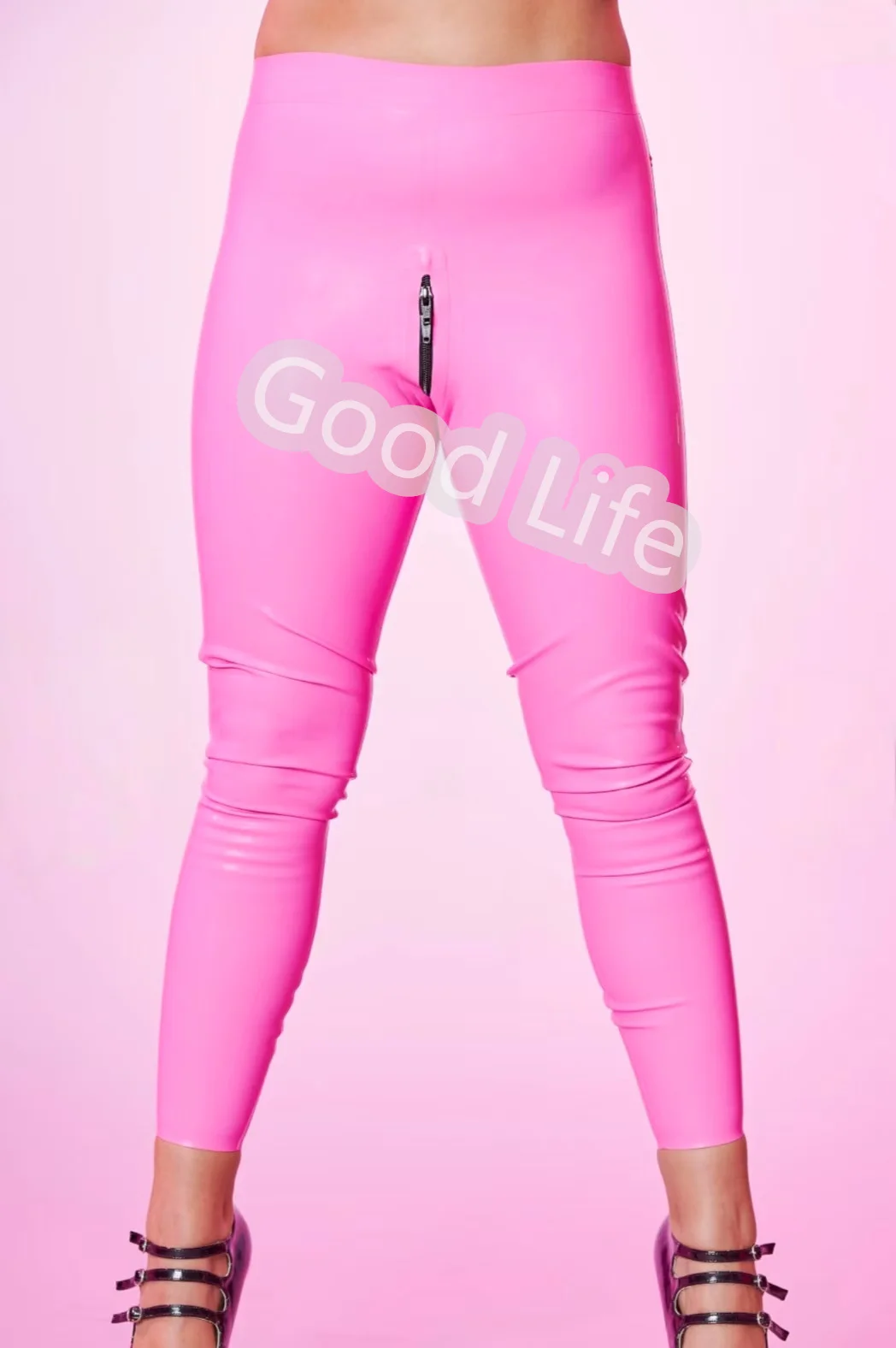 

Сексуальные розовые латексные женские брюки, брюки ручной работы из натурального каучука с молниями в промежности, женские леггинсы, карнавальный костюм