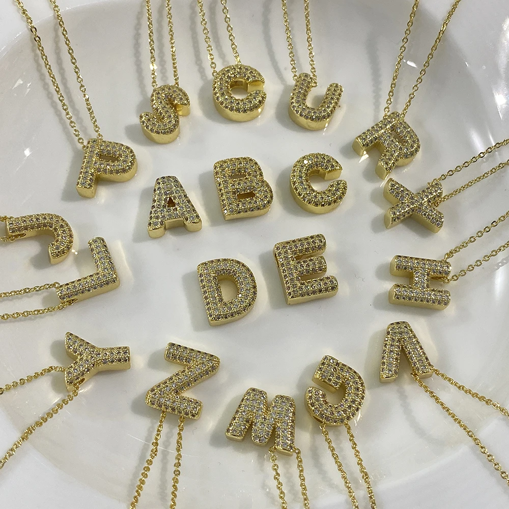 Elegant Micro Inlaid Zircon Chubby Alphabet Initial Letter Necklace for Women Gold Plated Copper Collares Pendant Jewelry Gifts