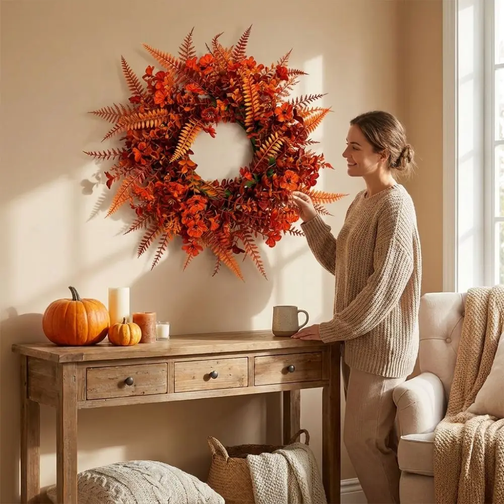 50 CM Artificial Fern Violet Eucalyptus Wreath Plastic Rustic Style Autumn Front Door Wreath Round Long Lasting
