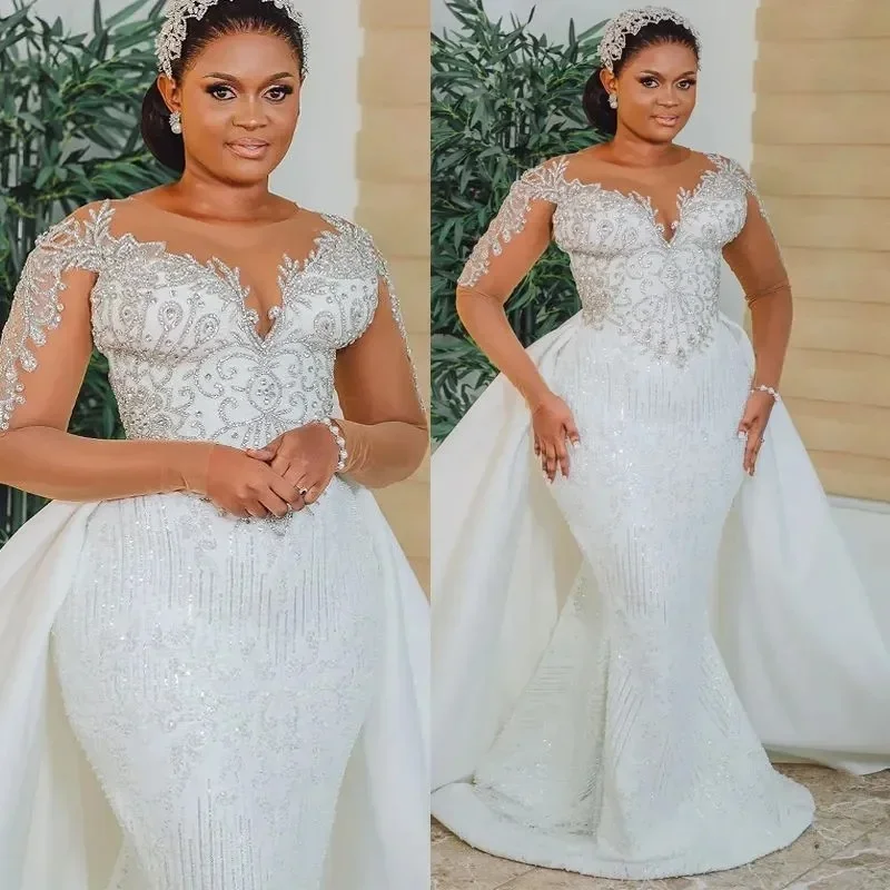 Customize Luxury Plus Size African Wedding Dress Bridal Gowns For Bride Detachable Train Mermaid Sheer Illusion Long Sleeves