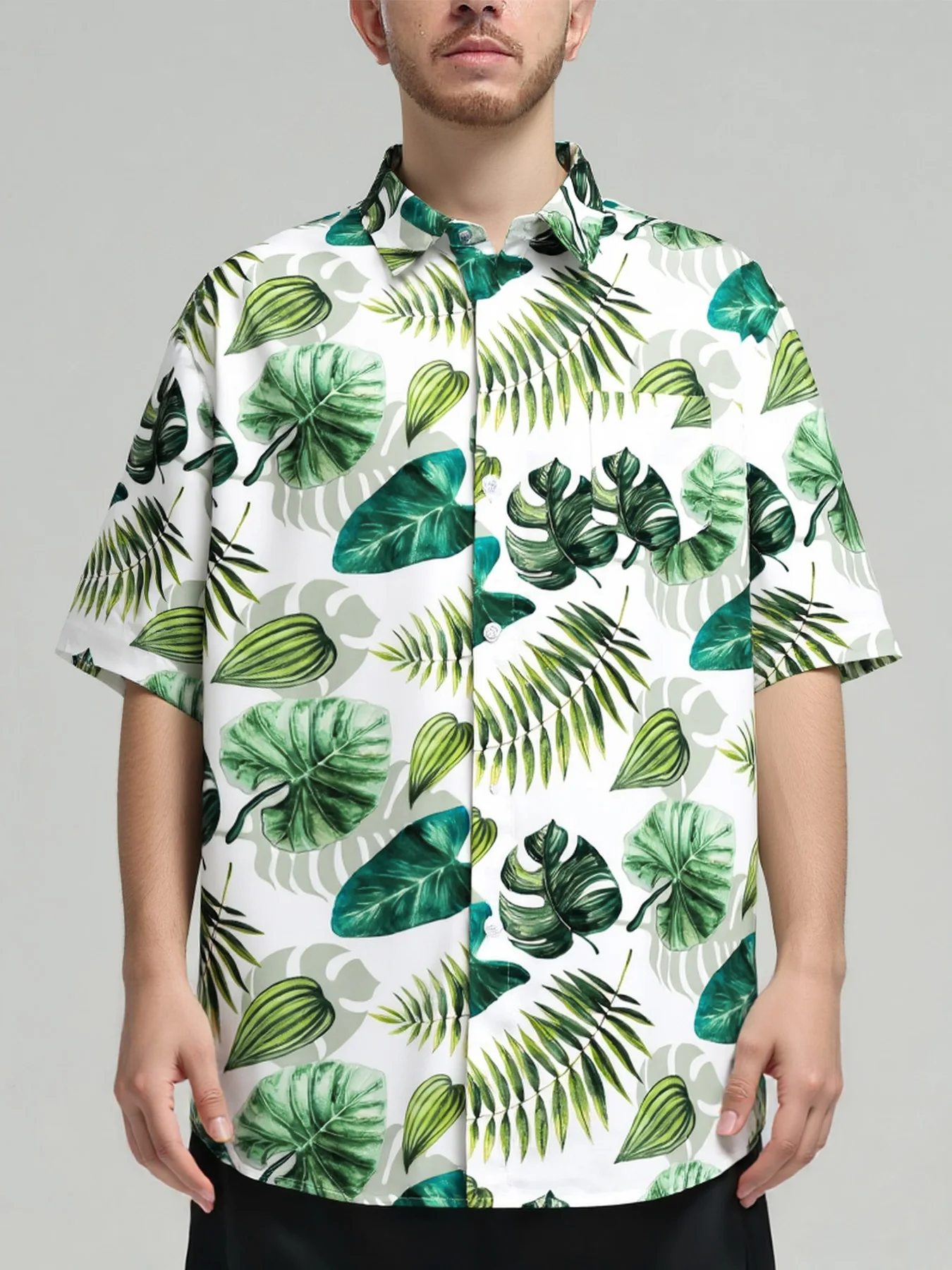 Grüne Blätter Drucken Männer Hemd Übergroßen Lose Kurzarm Hawaii Strand Sommer Student Paare Mode Lässig Herren Kleidung Y2k