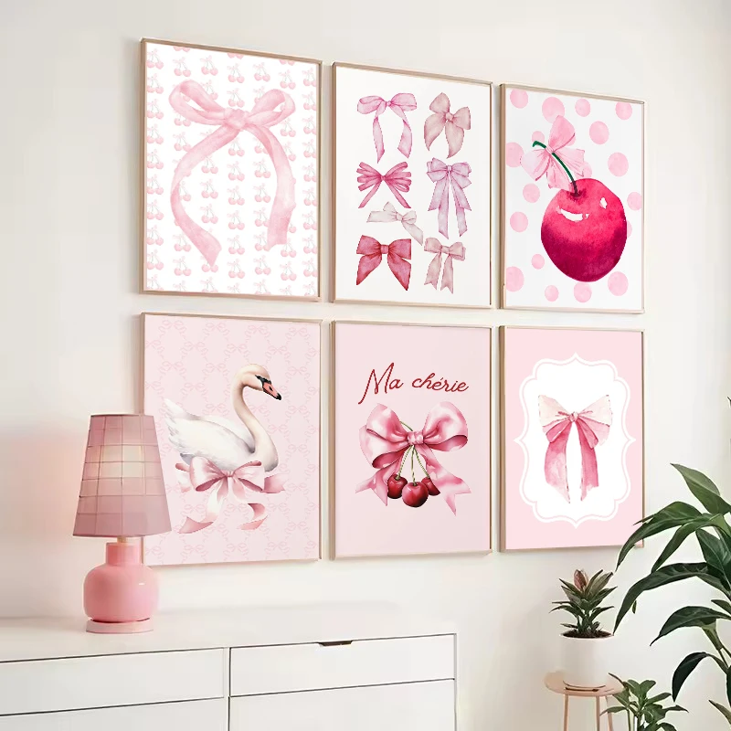 1Pc Frameless Classic Fashion Pink Bow Ballet Cherry Cake Retro Posters Prints Canvas Painting Wall Art Picture Living Room H