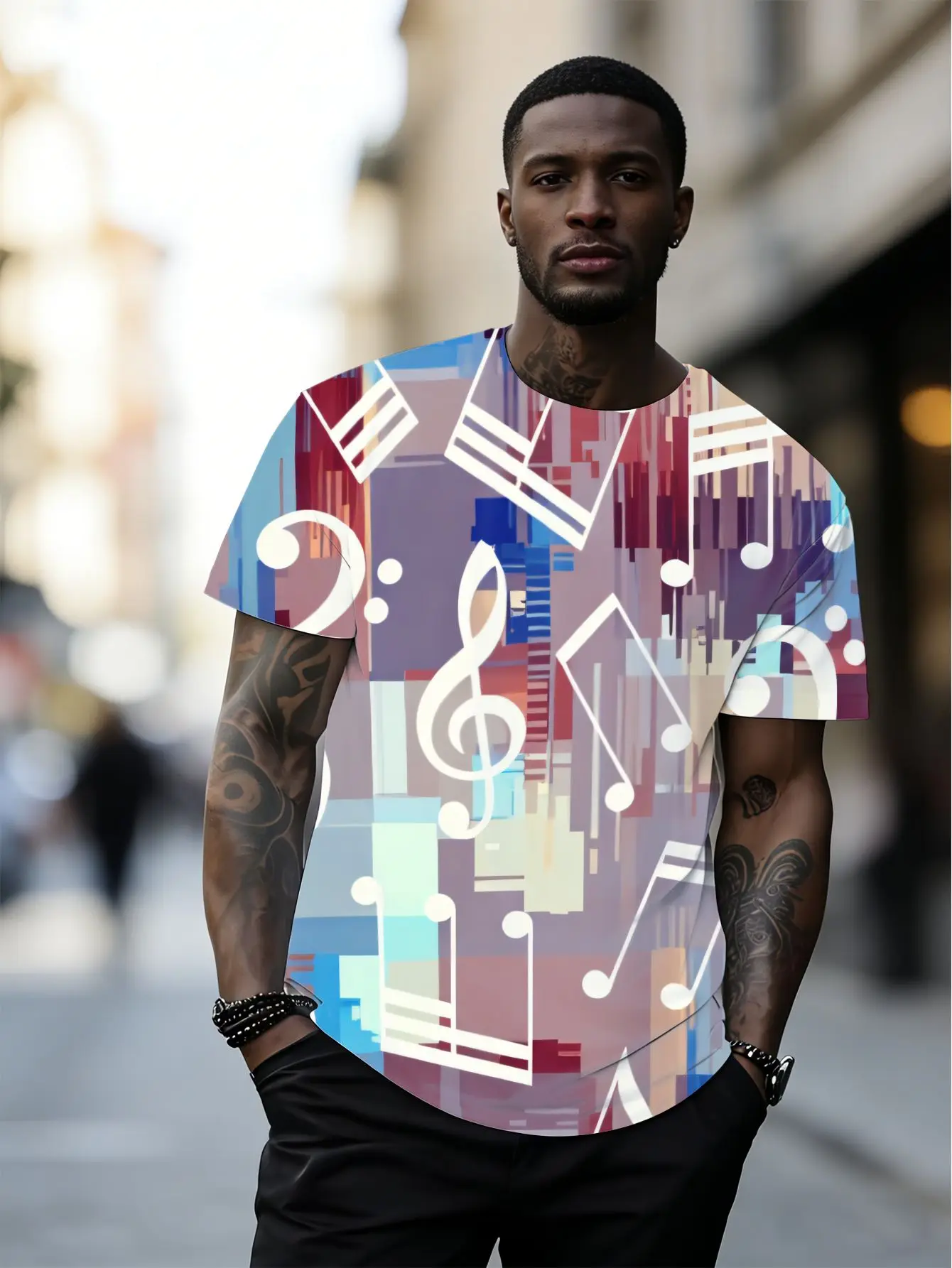 Men's Crew Neck Tee 3D Color Block Music Note Treble Clef Print Casual Tops