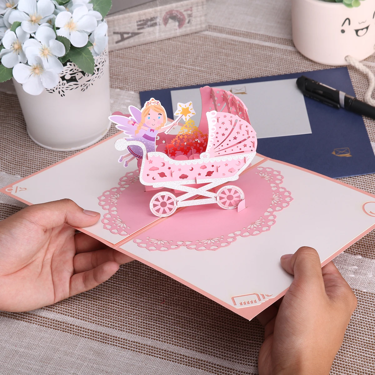 1st First Birthday Gift Card for Newborn 3D Baby Carriage Greeting Cards for Baby Shower Invitation 2 Colors