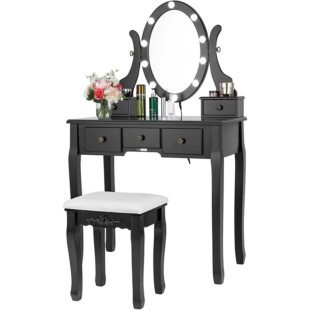 Makeup Vanity Set with 10 Dimmable LED Bulbs, Dressing Table with 360° Rotating Lighted Mirror and Cushioned Stool, Black