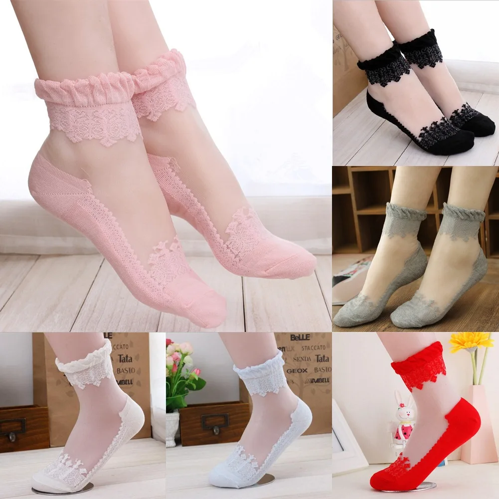 

1 Pairs Summer Women Socks Mesh Cute Ultrathin Transparent Crystal Silk Lace Short Socks Elastic Ankle Socks Female Socks