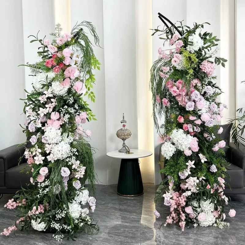 Wedding Flower Arrangement Open Double Arched Frame Silk Handmade Greening Pink Horn Artificial Flower Aisle Decoration