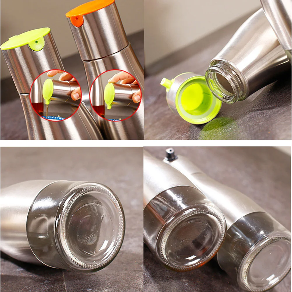 

Stainless Steel Oil Dispenser Vinegar Bottle -Free Glass Anti-Drip Kitchen Condiment Sauce Pourer Modern Design