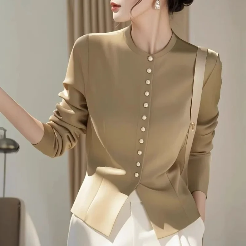시크 카키 블라우스 프렌치 엘레강스 하이엔드 허리 조절 롱 슬리브 셔츠