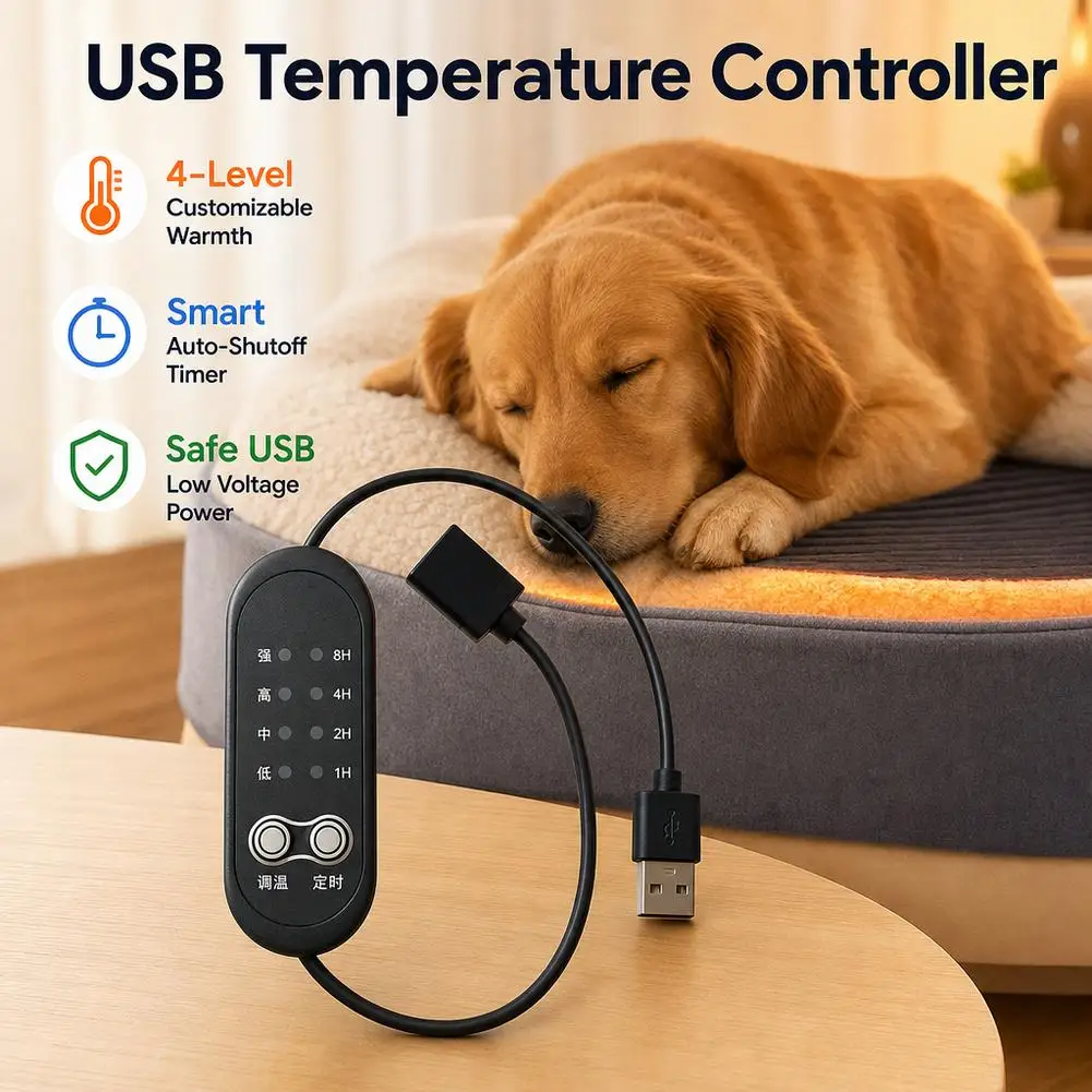 USB Pet Heating Pad Inline Controller Switch Black Cable with 4 Heat Levels Auto Shutoff Replacement Adapter for Cat Dog Use
