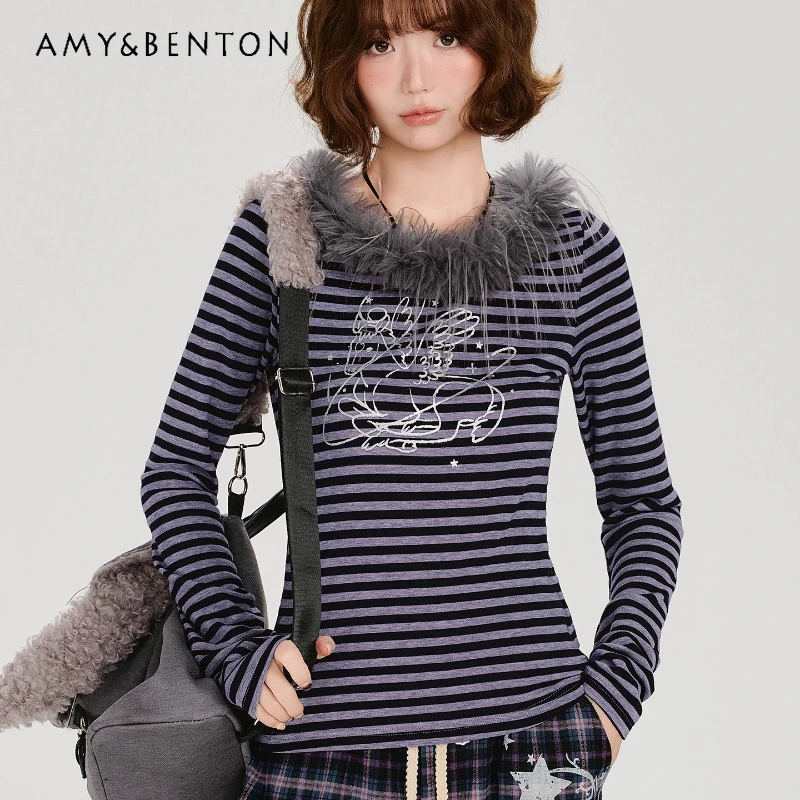 

American Retro Fur Collar Embroidered Striped Long Sleeve Women's T-Shirts 2025 Autumn New Slimming Y2k Versatile Tops Ladies