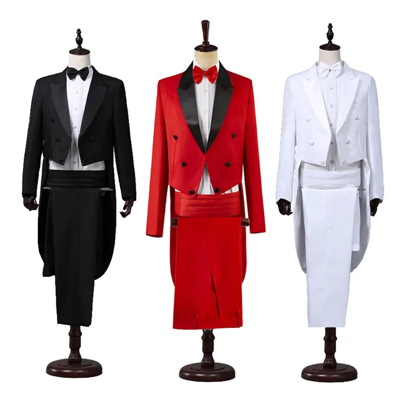 

MC Tailcoat Suits Men Black White Tail Coat Chorus Tuxedo Red Stage Costume Singer Emcee Magician Host Outfits