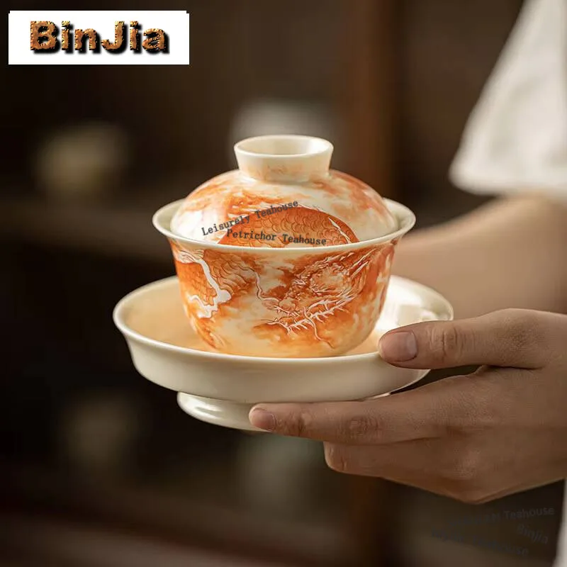 180ml Chinese Iron Red Glaze Dragon Tea Tureen Retro Tea Bowl with Saucer Lid Kit Tea Brewing Gaiwan Kung Fu Teaset Collection