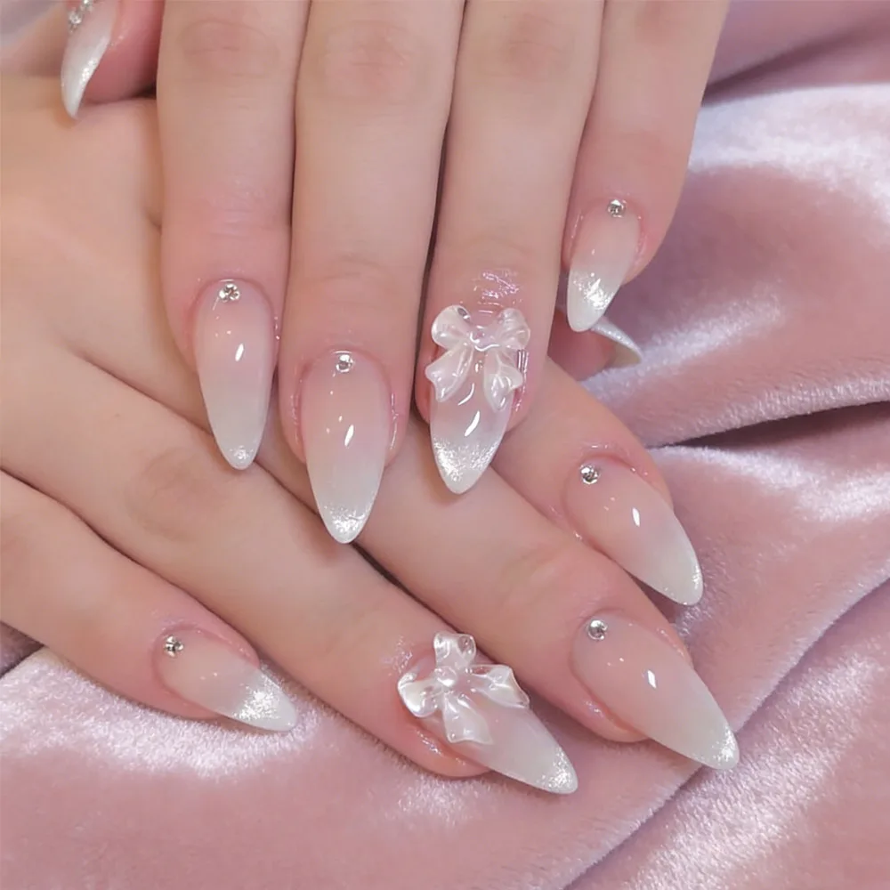24Pcs Almond Pure Press On Nails Full Cover Butterfly French Pearl Diamond False Nails Wearable Manicure Nail Tips Art