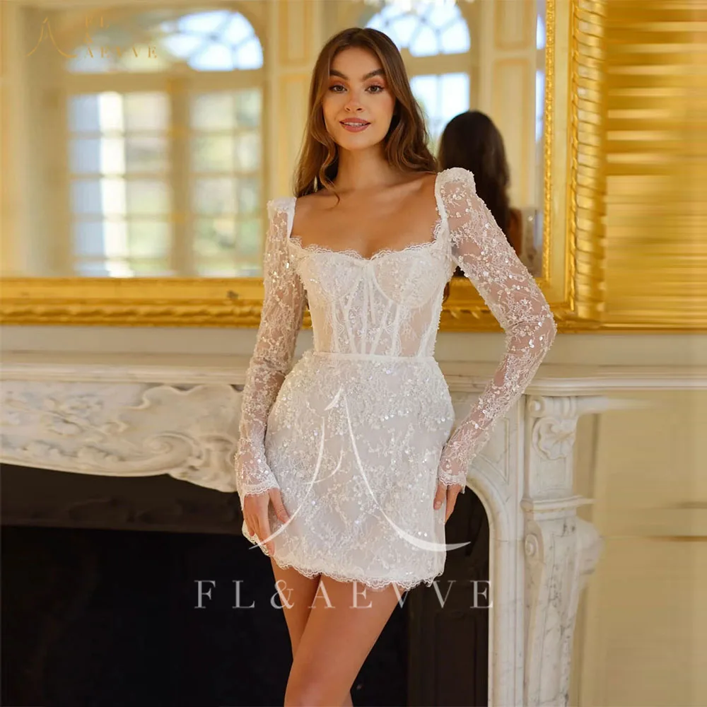 FL&AEVVE Short Beading Wedding Dress Customized Long Sleeve Evening Gown Mini Skirt Backless Formal Party Dresses