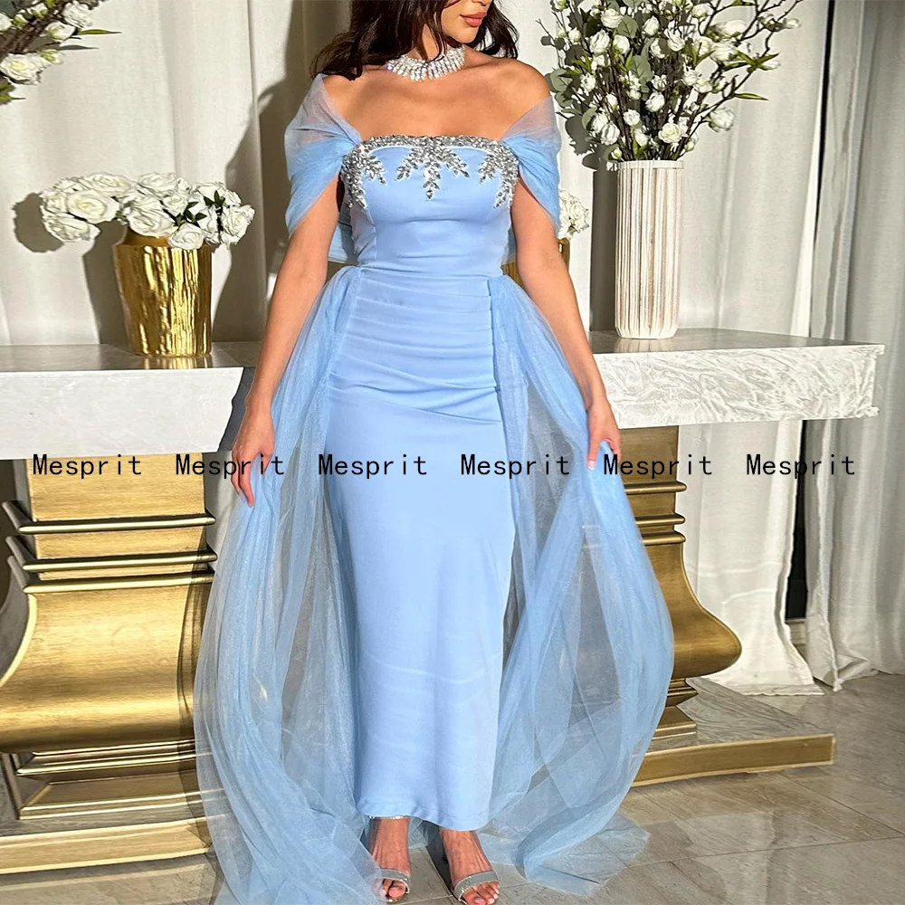 Light Blue Prom Dresses Customized Off The Shoulder Crystals Tulle Train Saudi Arabic Party Gown Mermaid Evening Dress