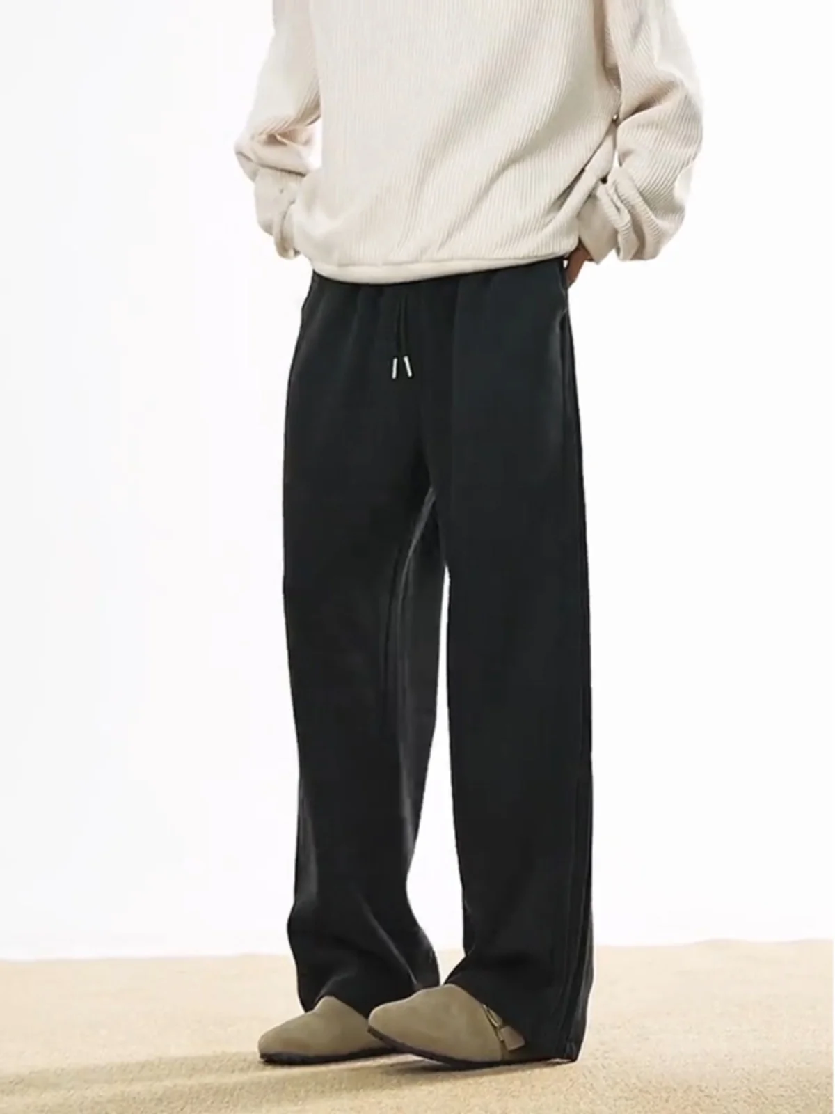 Cleanfit Men's Black Striped Fleece Lined Casual Sweatpants Autumn Winter Washed Vintage American High Street Sport Trousers