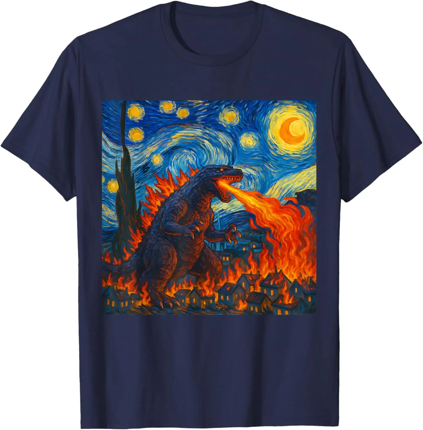Kaiju Starry Night Van Gogh Style Monster Art T-Shirt S-6XL