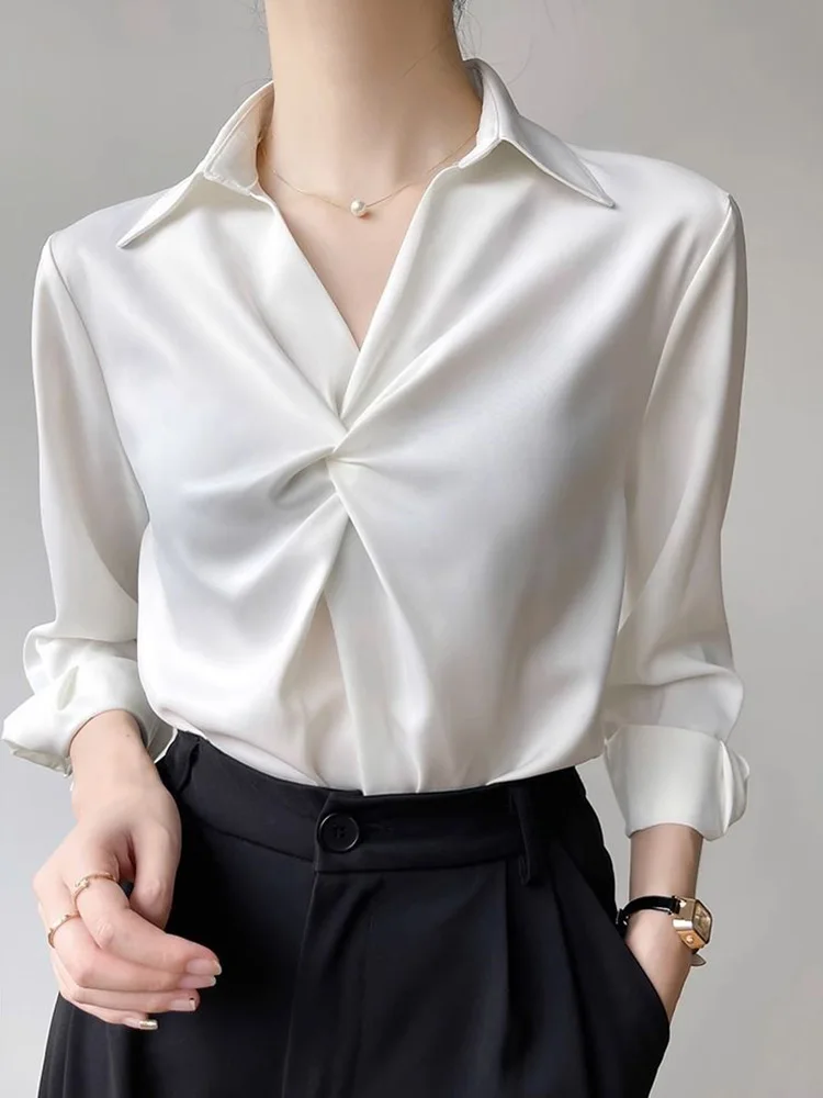 

Новая женская атласная блузка с V-образным вырезом, элегантная, с длинным рукавом, повседневная, в корейском стиле, однотонная, универсальная, модная, весенняя, шикарная.