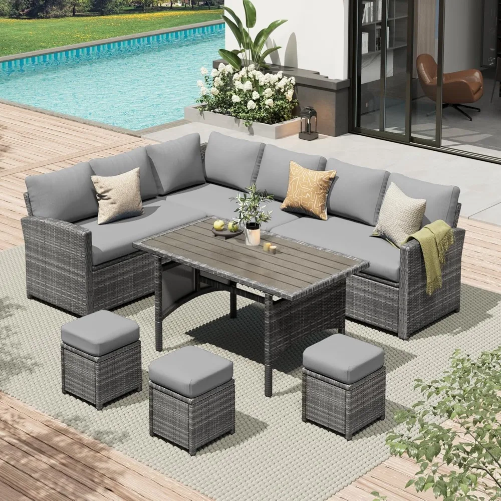 

7 Pieces Outdoor Patio Furniture with Dining Table&Chair, All Weather Wicker Conversation Set with Ottoman