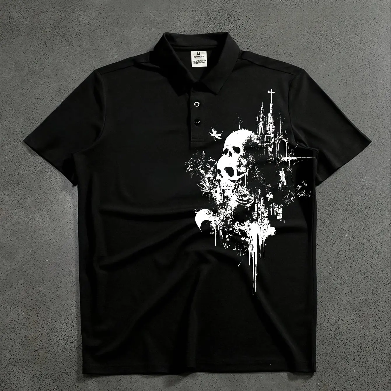 Men's Short-sleeved T-shirt Polo Shirt with Skull Print, Edgy Motorcycle Style, Relaxed Fit, and Micro-elastic Fabric