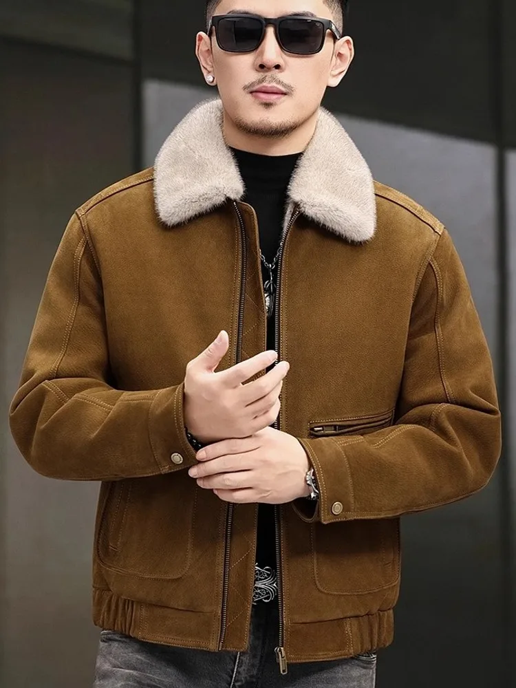 Luxury Winter Men Warm Real Mink Fur Lining Natural Suede Leather Jacket Slim Fit Thick Business Work Coat Top Quality Overcoat