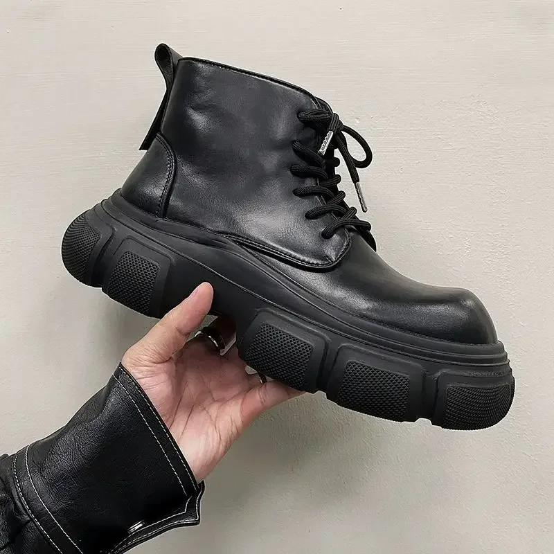 2024 New 7cm Thick Bottom Extra Height Black Men's Minority All-Match British Motorcycle Leather Boots