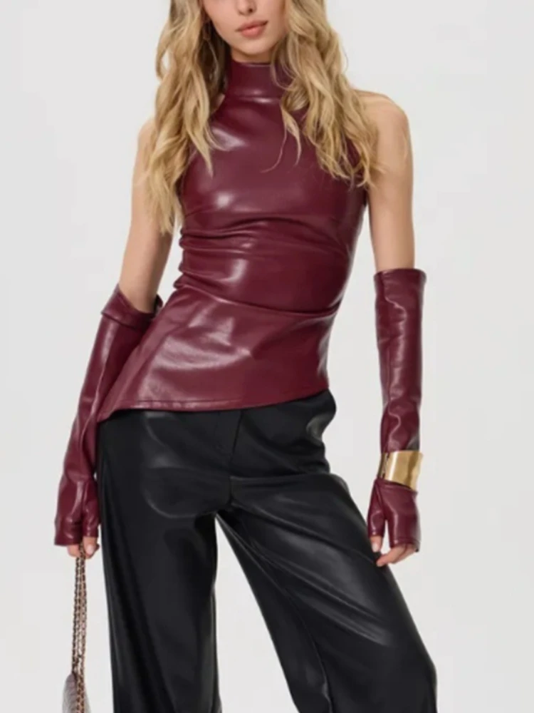 Sexy PU Tank Top Pullover Women Slim Sleeve Covers Off-Shoulder Stand Collar Tapered Waist Irregular Y2k Vest Female Top