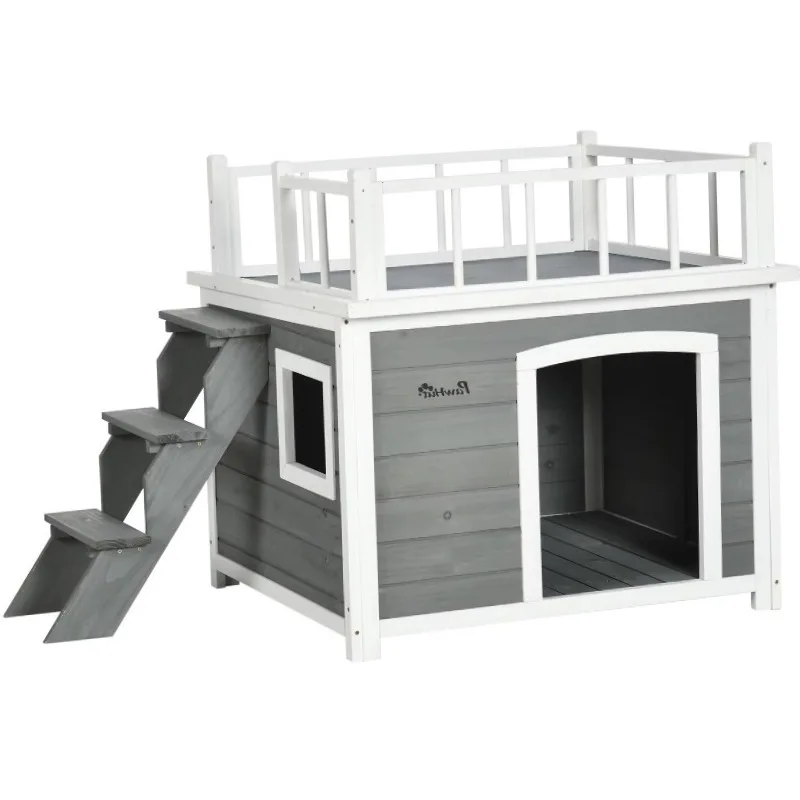 Dog House with Terrace Ladder and Window 121x77x78cm Light Grey