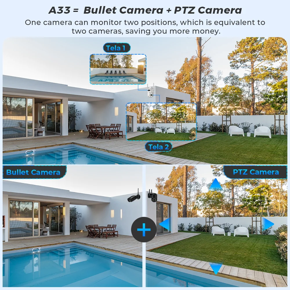 8MP 4K PTZ Wifi Camera Dual Lens with Dual Screen Outdoor IP Camera Auto Tracking Security Protection Surveillance Camera iCSee