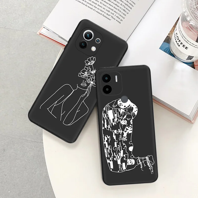 Soft Phone Cases For Xiaomi Mi 11 10t Lite 11t Redmi Note 7 8 8t 10 k40 k60 k50 Flower Abstract line Art Girl Kiss Matte Cover