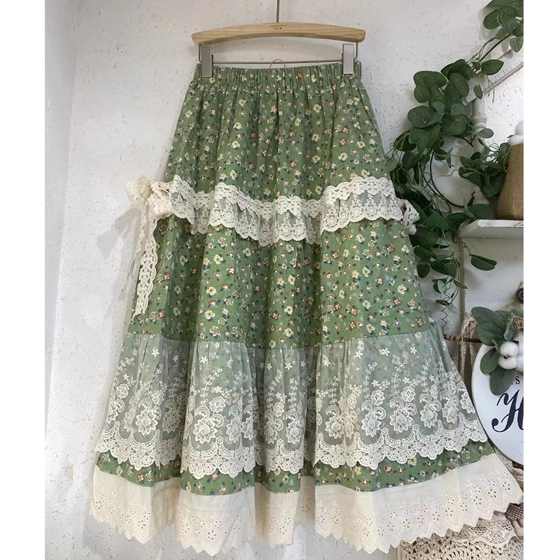 

Mori Girl Sweet Vintage Cotton Linen Skirt Floral Long Lace Ruffled Pleated Skirt Women Clothing Elastic Waist Fairy Skirts K005