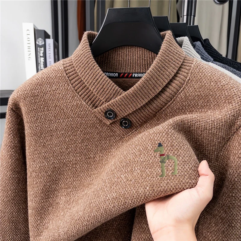 

Hot Selling Designer Quality Men's Knitted Sweater Scarf Collar Plush Thick Dog Print Pullover Winter Interior Warm Menswear