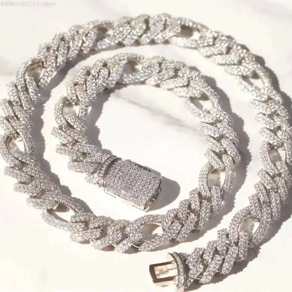 

Hip Hop Jewelry Iced Out Prong Setting 13mm Silver Vvs Moissanite Cuban Figaro Link Chain