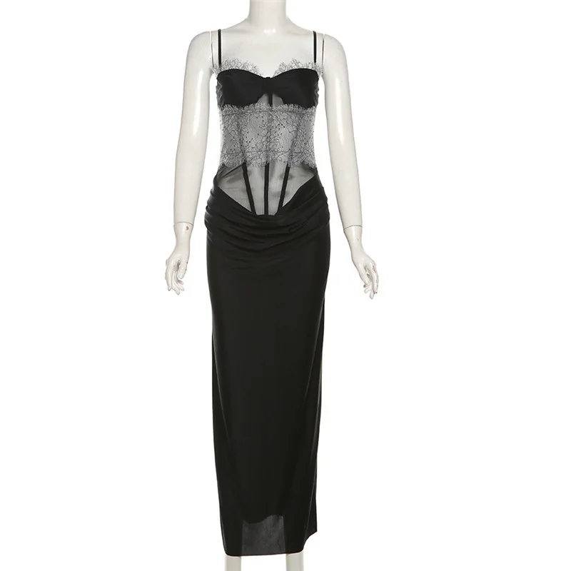 Sexy Women Black White Lace Patchwork Long Dress Slash Neck Sheer Mesh Waist Strap Slip Dress Sleeveless Bodycon Party Dress
