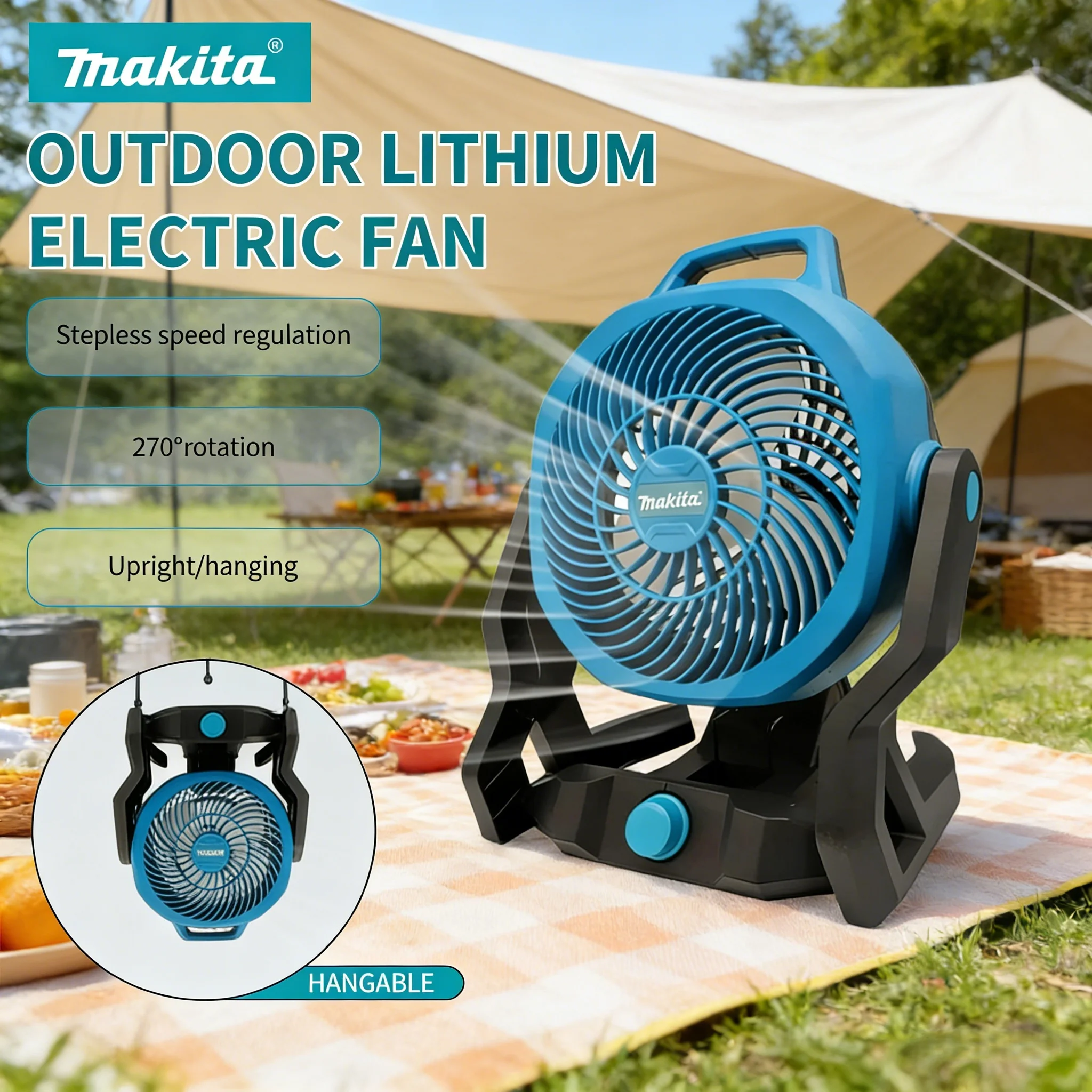 

Makita Cordless Table Fan Portable 21V Camping Fan Multi Purpose Adjustable Head 3 Speed Setting Powered Desktop Floor Fan