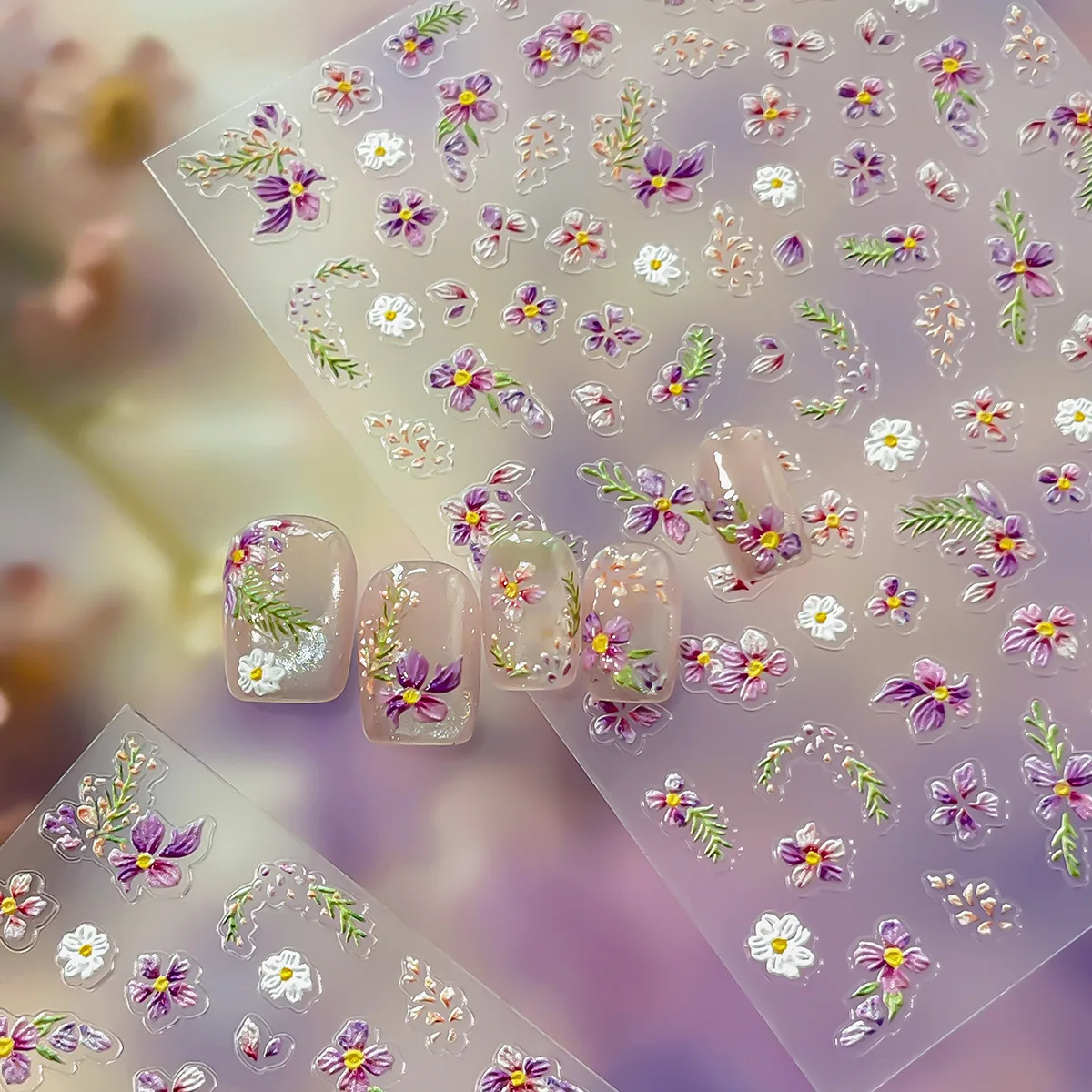 5D Embossed Exquisite Purple Flower Nail Stickers with Green Leaves Flower Pattern self-adhesive nail art sticker decoration DIY