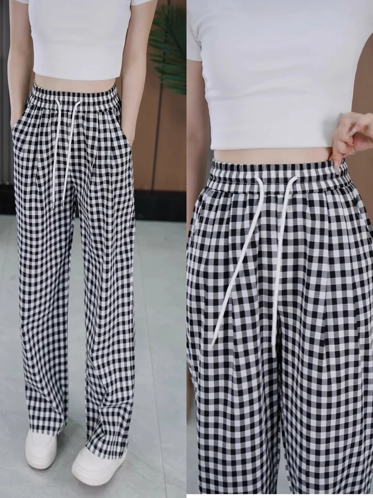 

High Waist Wide Leg Pants Women's Summer Thin Ice Silk Cotton Linen Plaid Loose Fit Casual Walking Trousers Korean Sle
