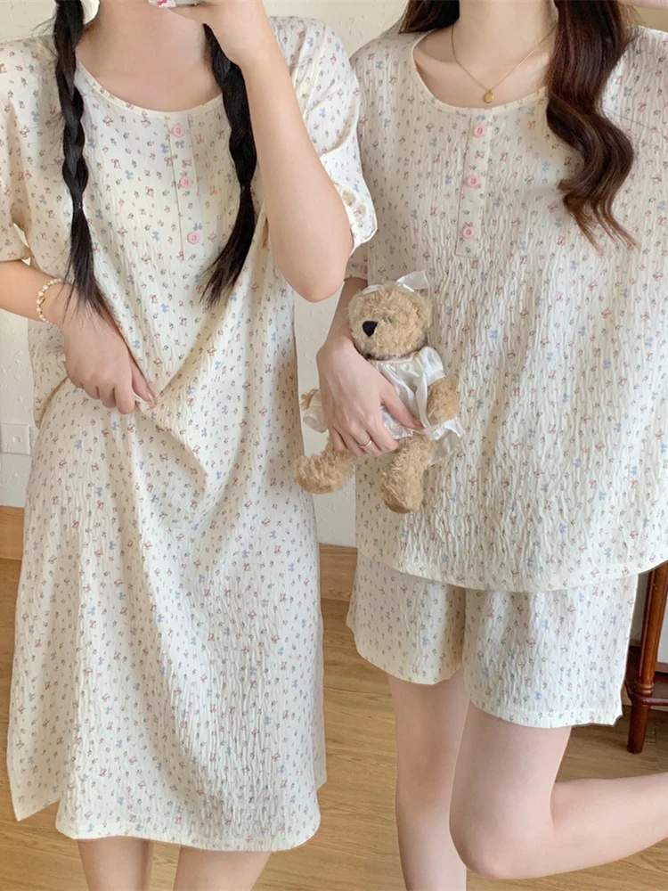 

Korean Style Sweet Cute Floral Print Cotton Pajamas Women's Summer Short Sleeve Shorts Home Clothes Set Can Be Worn outside