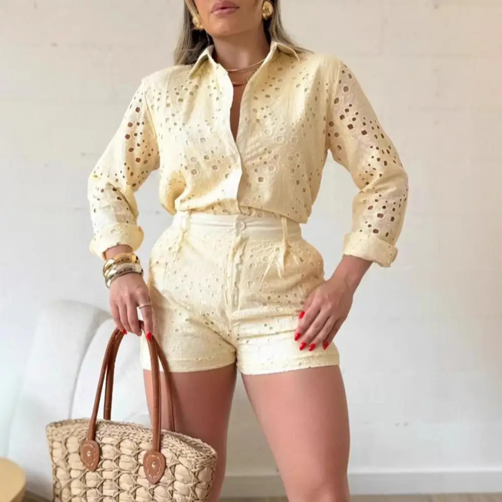 

Women's Summer Eyelet Two Piece Set Long Sleeve Button Down Shirt with High Waist Shorts Casual Lounge Matching Suit