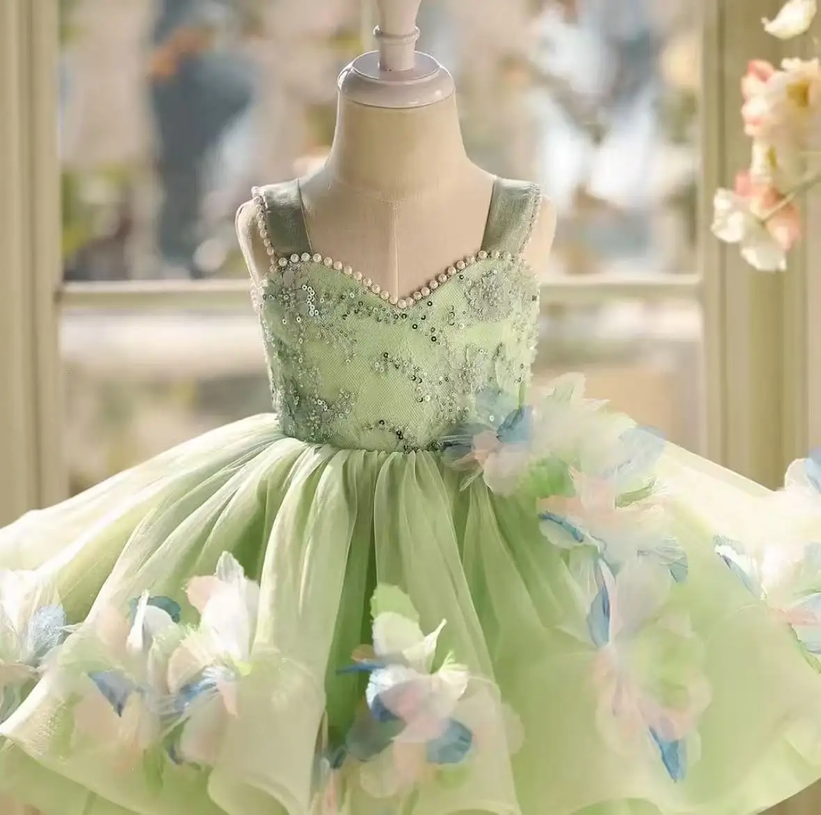 Green Forest Style Girls Formal Dress Kids Birthday Princess Gown Trailing Train Flower Girl Wedding Performance Dress 12M-10Y
