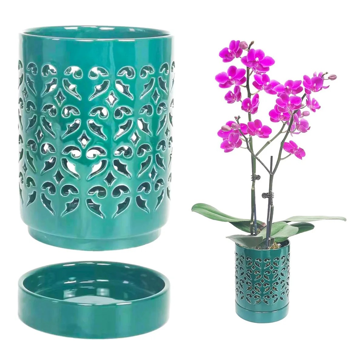 Orchid Pots with Holes,4 Inch Ceramic Orchid Pot for Repotting, Flower Planter Pot Indoor Outdoor, Breathable Green