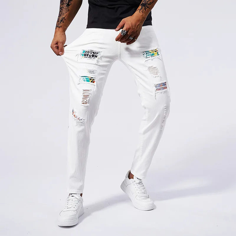 White Men's Jeans, Ripped Patch Art Street Trendy Jeans Men's