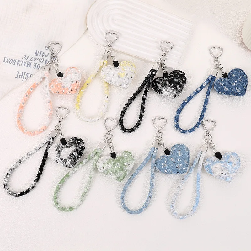 Premium Distressed Denim Keychain Lanyard Ins Style Wristlet with Decorative Heart Clip Multi-Functional Bag Charm Phone Strap